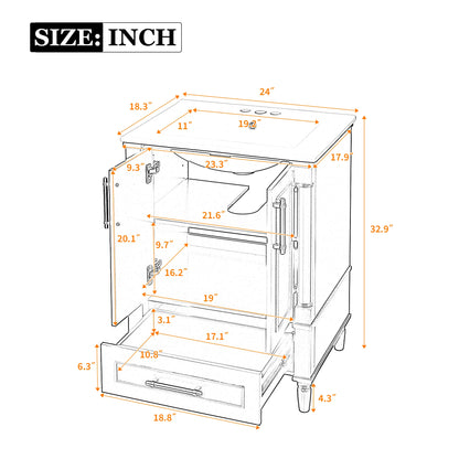 24" Modern Bathroom Vanity with Ceramic Sink, Storage Drawer, Soft-Close Doors & Ornately Carved French Legs
