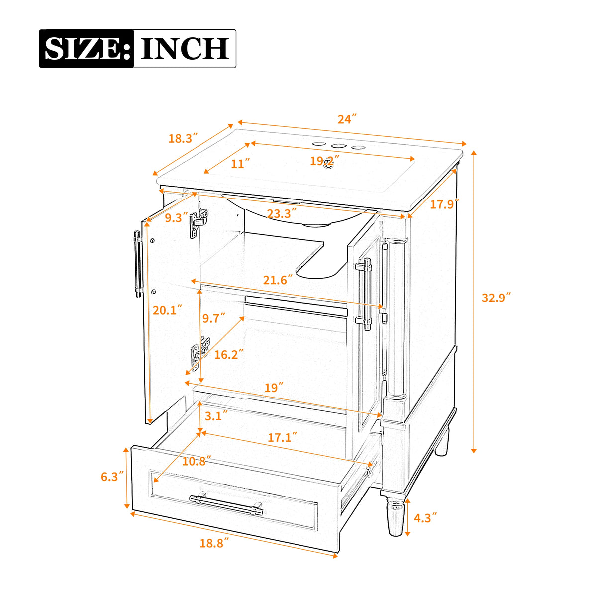 24" Modern Bathroom Vanity with Ceramic Sink, Storage Drawer, Soft-Close Doors & Ornately Carved French Legs