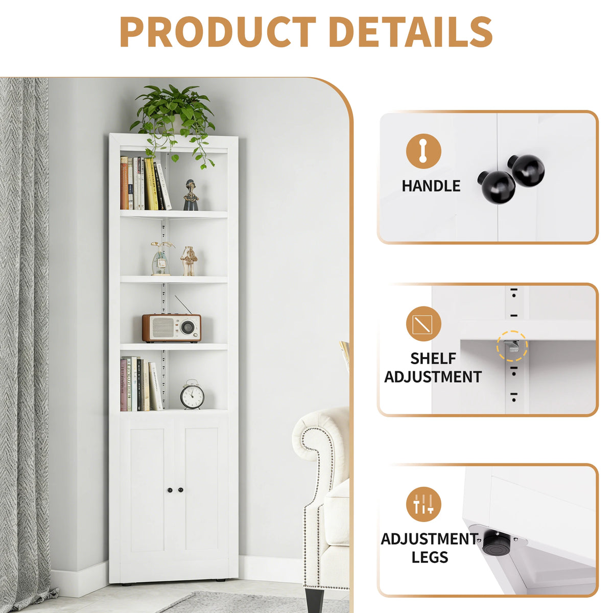 71" Corner Storage Cabinet with Adjustable Shelves, 5-Tier Metal Organizer for Bathroom, Kitchen & Living Room