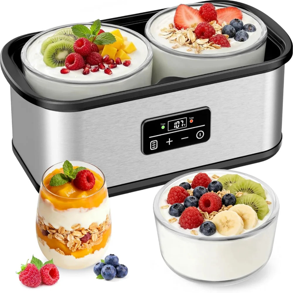 Large‑Vessel Premium Digital Yogurt Maker, 2 Jumbo Thick Borosilicate Glass Jars Fermenter, 304 Stainless‑Steel Inner Chamber