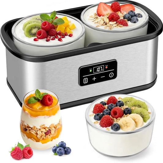 Large‑Vessel Premium Digital Yogurt Maker, 2 Jumbo Thick Borosilicate Glass Jars Fermenter, 304 Stainless‑Steel Inner Chamber