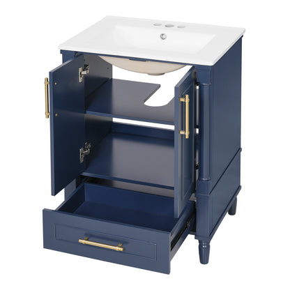 24" Modern Bathroom Vanity with Ceramic Sink, Storage Drawer, Soft-Close Doors & Ornately Carved French Legs