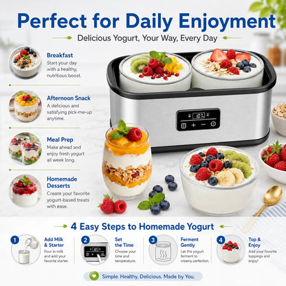 Large‑Vessel Premium Digital Yogurt Maker, 2 Jumbo Thick Borosilicate Glass Jars Fermenter, 304 Stainless‑Steel Inner Chamber