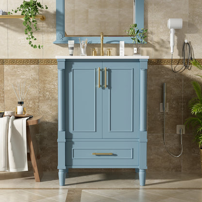 24" Modern Bathroom Vanity with Ceramic Sink, Storage Drawer, Soft-Close Doors & Ornately Carved French Legs