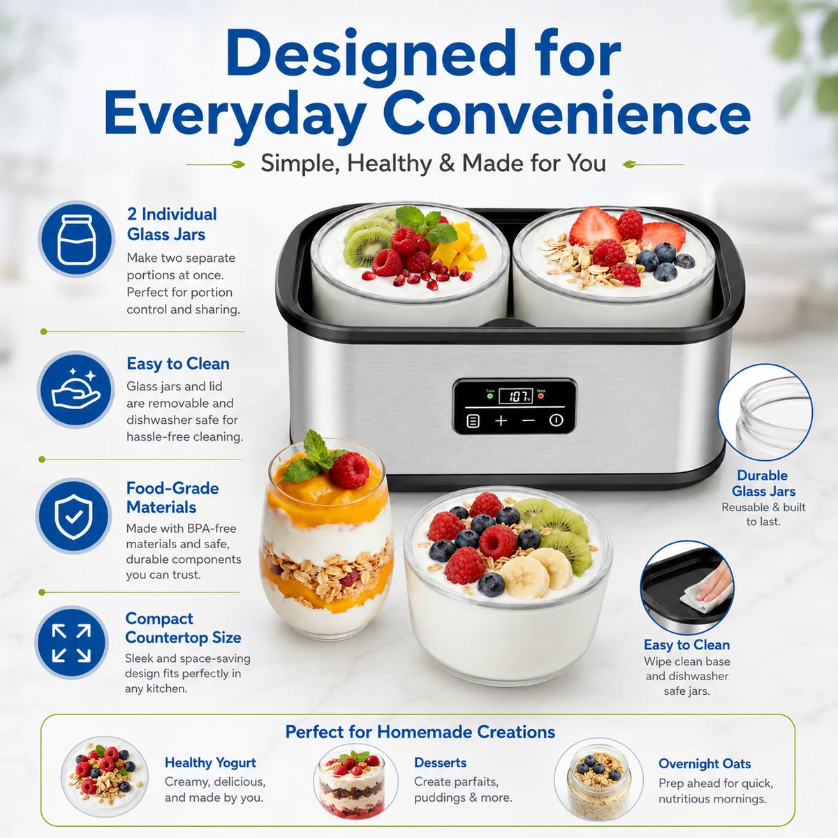 Large‑Vessel Premium Digital Yogurt Maker, 2 Jumbo Thick Borosilicate Glass Jars Fermenter, 304 Stainless‑Steel Inner Chamber