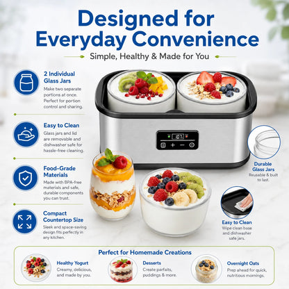 Large‑Vessel Premium Digital Yogurt Maker, 2 Jumbo Thick Borosilicate Glass Jars Fermenter, 304 Stainless‑Steel Inner Chamber