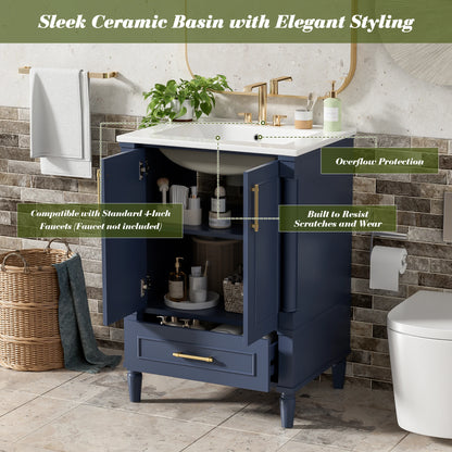 24" Modern Bathroom Vanity with Ceramic Sink, Storage Drawer, Soft-Close Doors & Ornately Carved French Legs