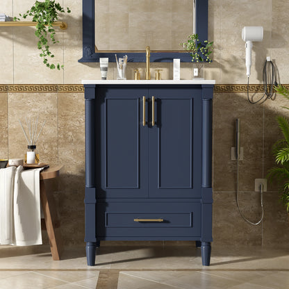 24" Modern Bathroom Vanity with Ceramic Sink, Storage Drawer, Soft-Close Doors & Ornately Carved French Legs