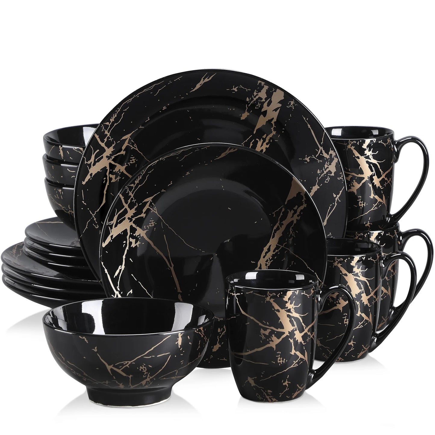 Black 16/32/48 Piece Porcelain Dinnerware Set with Gold Splash