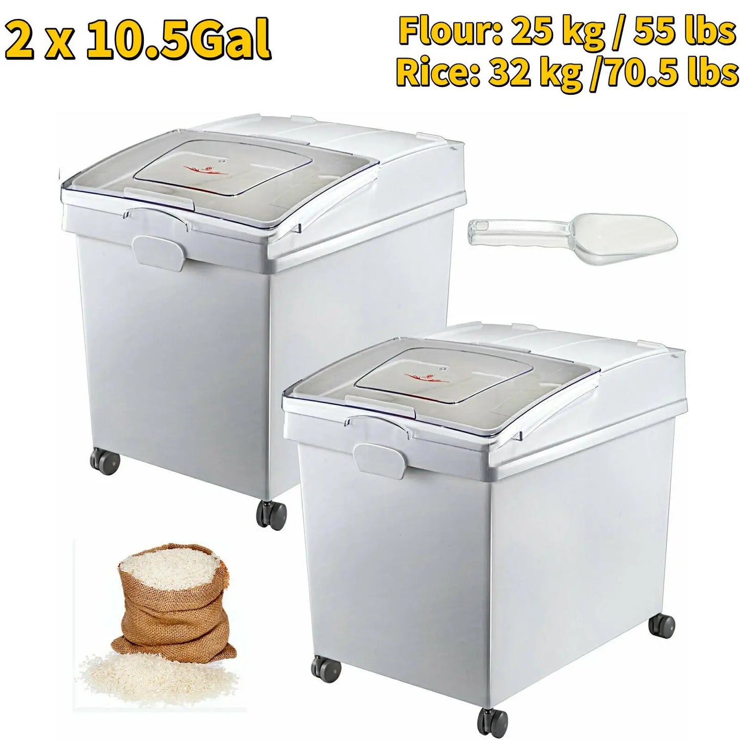 6.6Gal-21Gal Kitchen Ingredient Storage Bin W/ Wheel & Scoop for Commercial or Home