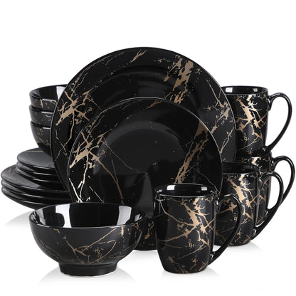 Black 16/32/48 Piece Porcelain Dinnerware Set with Gold Splash