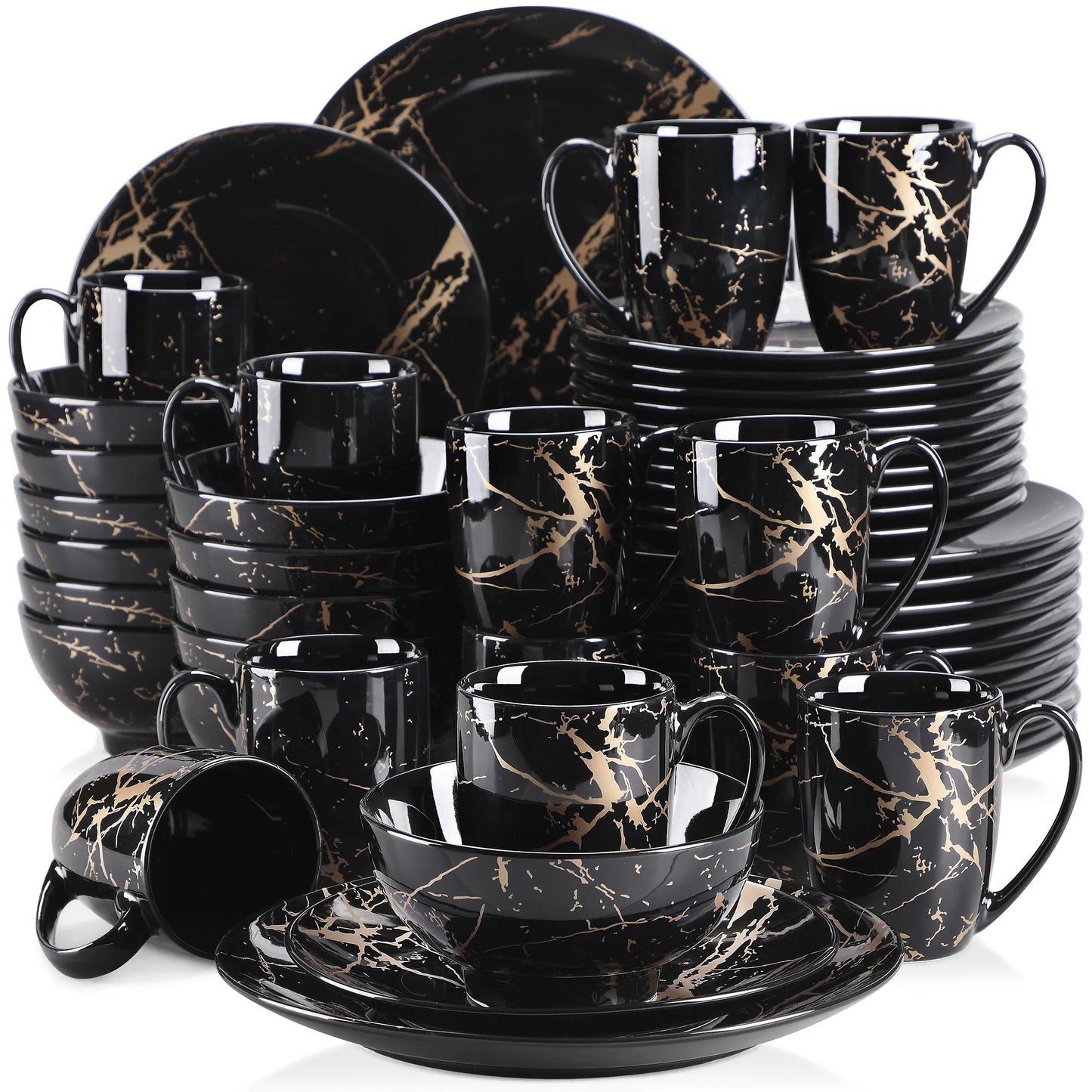 Black 16/32/48 Piece Porcelain Dinnerware Set with Gold Splash