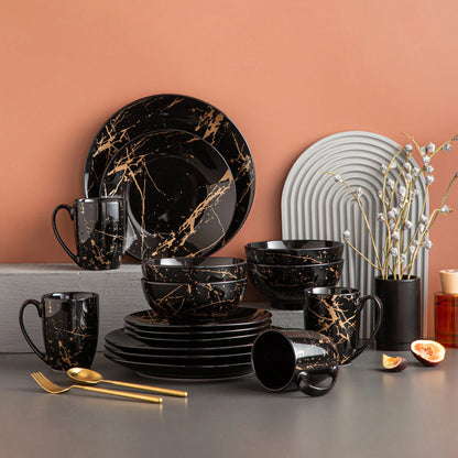 Black 16/32/48 Piece Porcelain Dinnerware Set with Gold Splash
