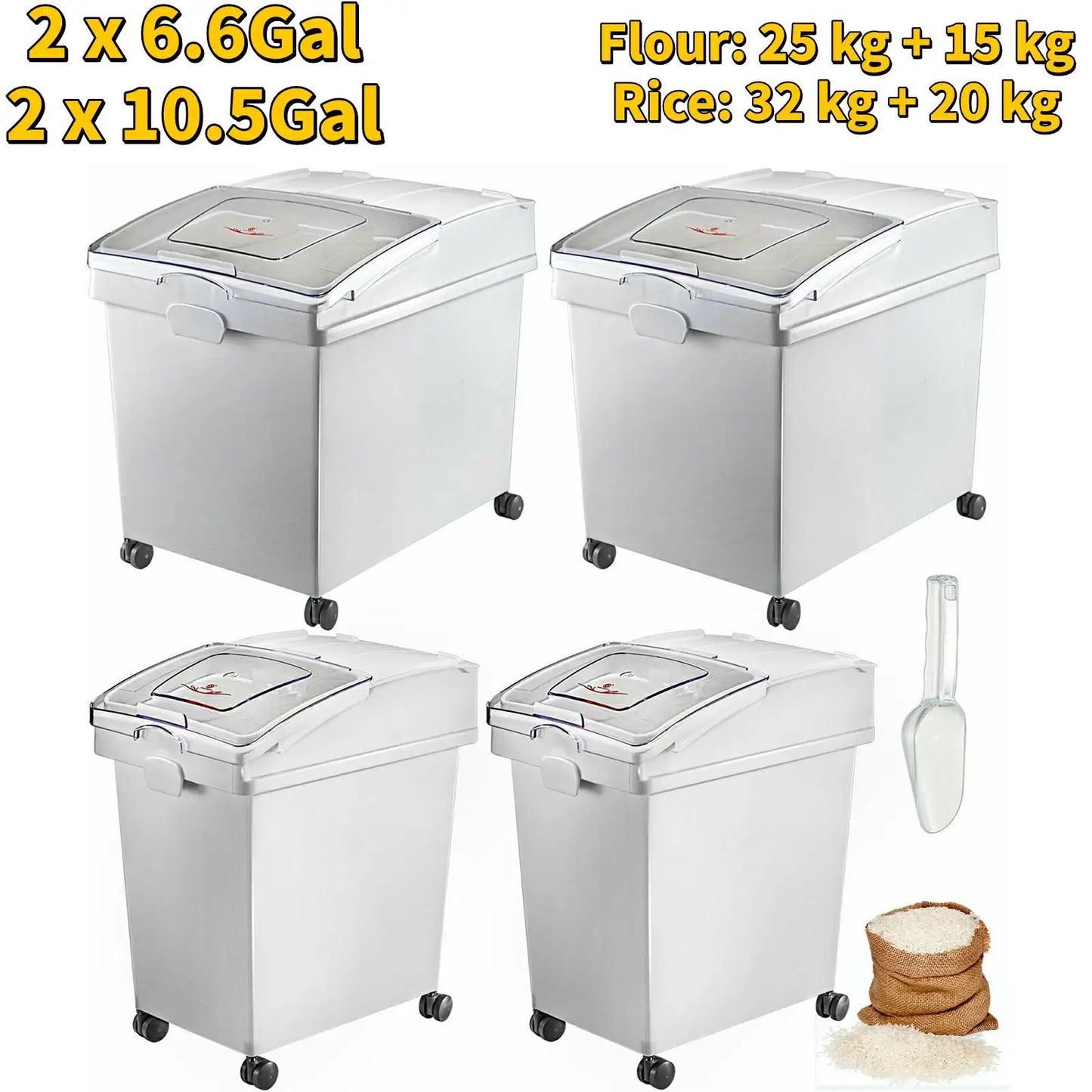 6.6Gal-21Gal Kitchen Ingredient Storage Bin W/ Wheel & Scoop for Commercial or Home