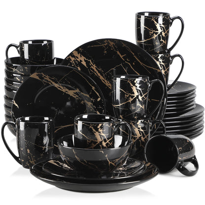 Black 16/32/48 Piece Porcelain Dinnerware Set with Gold Splash