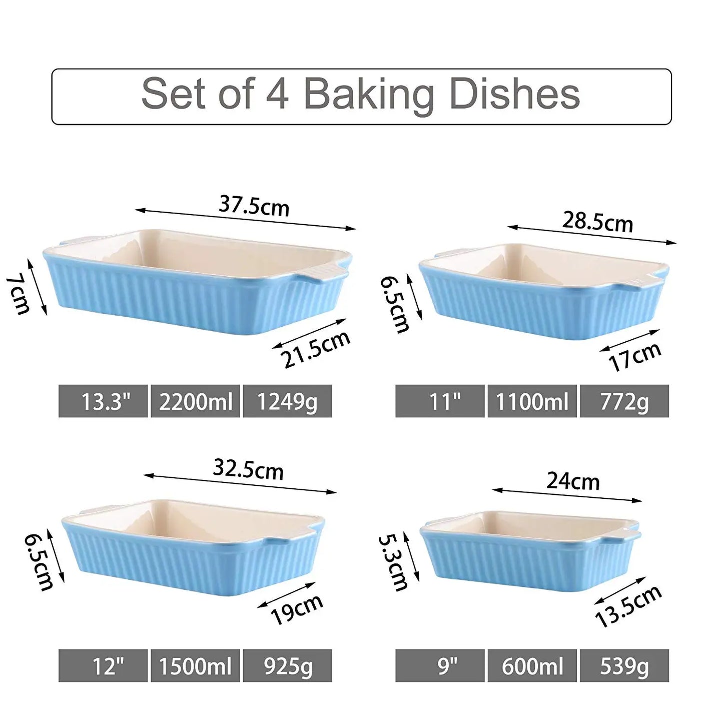 4-Piece Baking Dish Set with Ceramic Handle -Ideal for Lasagne/Pie/Casserole/Tapas(9"/11"/12"/13.3")
