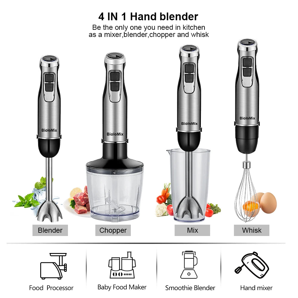 4 in 1 High Power 1200W Immersion Hand Blender Includes Chopper and Smoothie Cup, Stainless Steel Ice Blades