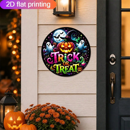 1 Piece Halloween Home Decoration, Aluminum Sign 7.87inch Square Metal Sign With Pumpkin, Ghost, And Witch Hat