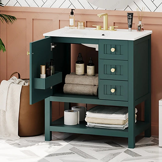 Bathroom Vanity Cabinet Combo, 30 Inch with Ceramic Sink, Soft-Close Doors, Solid Wood Frame, Waterproof for Small Bathroom Storage