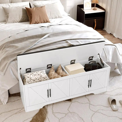Farmhouse Storage Bench with Lift Top Storage, 47.2 Entryway Bench with Cushioned Seat, End of Bed Bench, Wooden Storage Chest