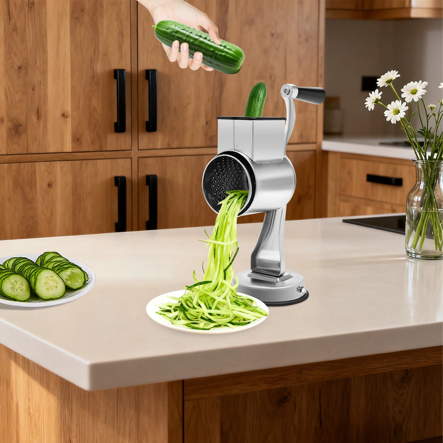 Rotary Grater, Stainless Steel Slicer with 5 Blades & Suction Cup Base