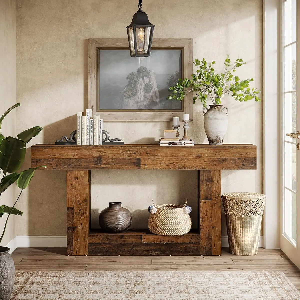 63" Console Table, Farmhouse 2-Tier Entryway Table with U-Shaped Base, Narrow Long Wood Sofa Table, Behind Couch Table