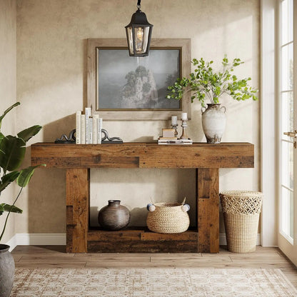 63" Console Table, Farmhouse 2-Tier Entryway Table with U-Shaped Base, Narrow Long Wood Sofa Table, Behind Couch Table