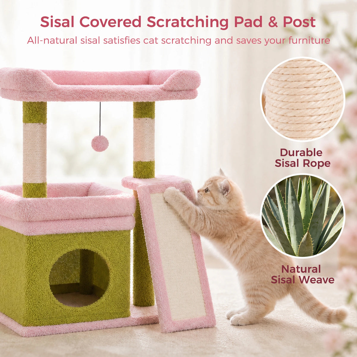 Small Cat Tree for Indoor Cat, Tower with Sisal Scratching Post and Pad, Wide Top Perch