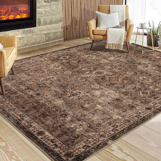 Washable Area Rug for Living Room, Vintage Floral Design,Soft Non Slip Low Pile Indoor