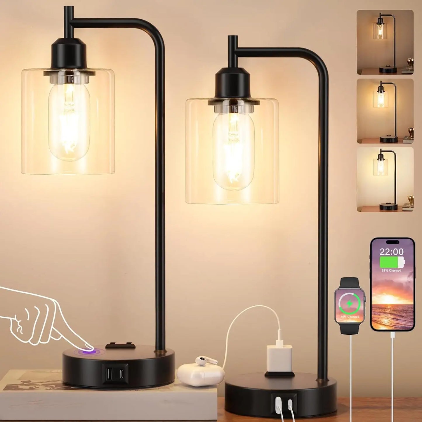 Touch Table Lamps Set of 2 - 3-Way Dimmable with USB C+A Ports and Outlet