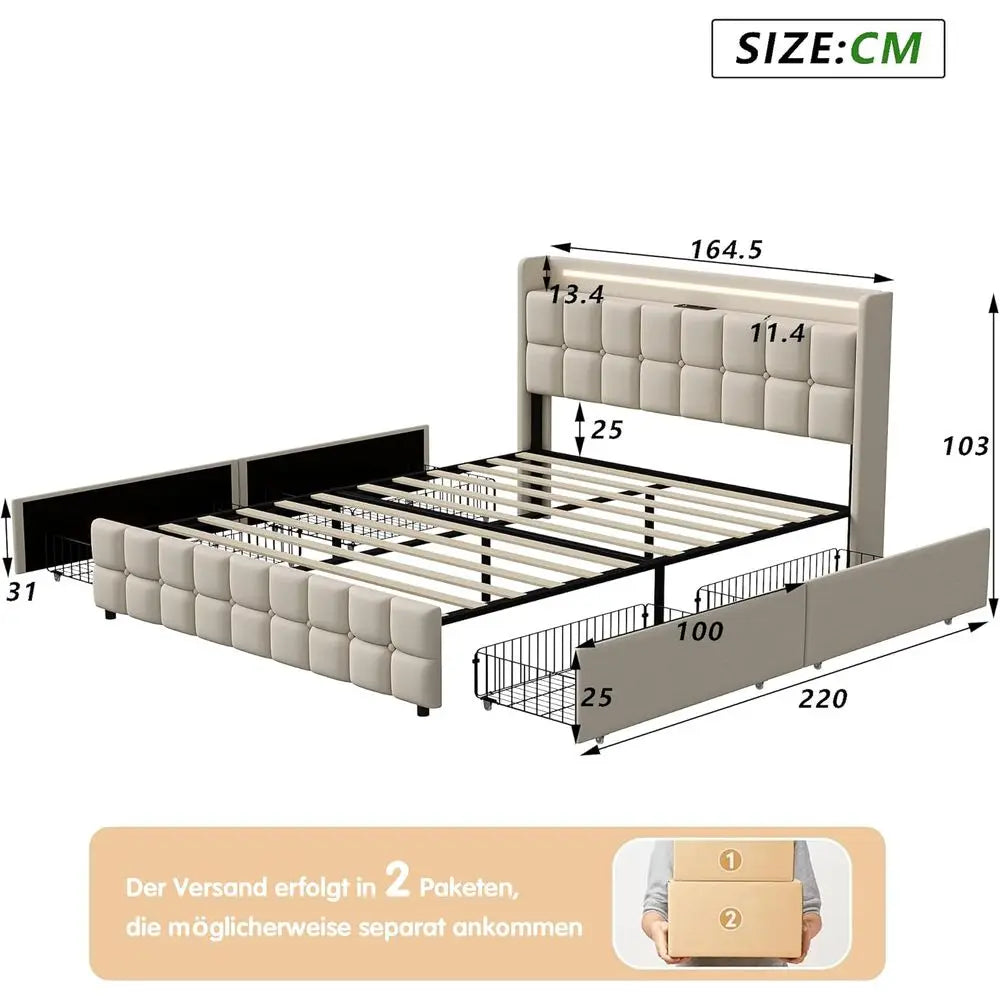 Double Bed 160x200cm with storage, Padded with Slatted Base, USB Ports, RGB Lights, Ideal for Teens