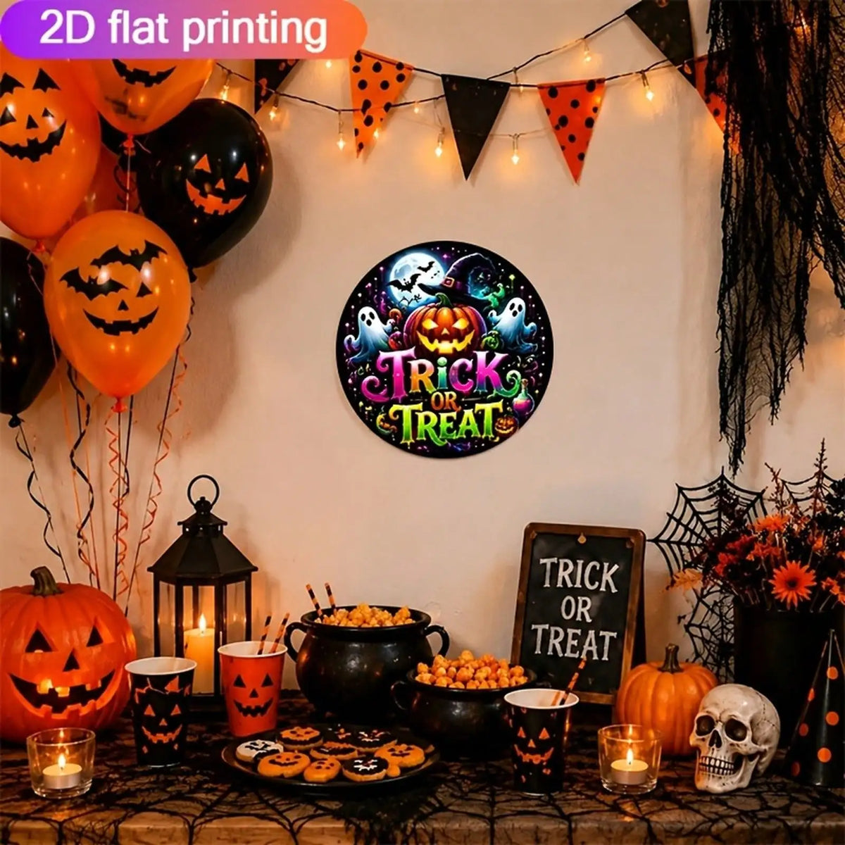 1 Piece Halloween Home Decoration, Aluminum Sign 7.87inch Square Metal Sign With Pumpkin, Ghost, And Witch Hat