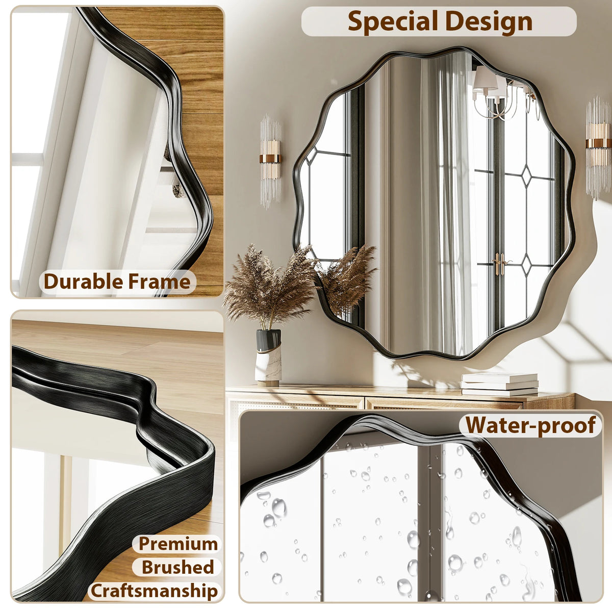 Decorative Wavy Round Bathroom Mirror with Deep Frame