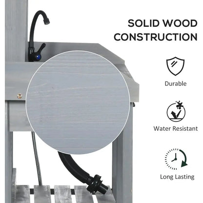 Outdoor Wooden Garden Workbench with Detachable Sink, Faucet, Storage, and Hooks, Gray