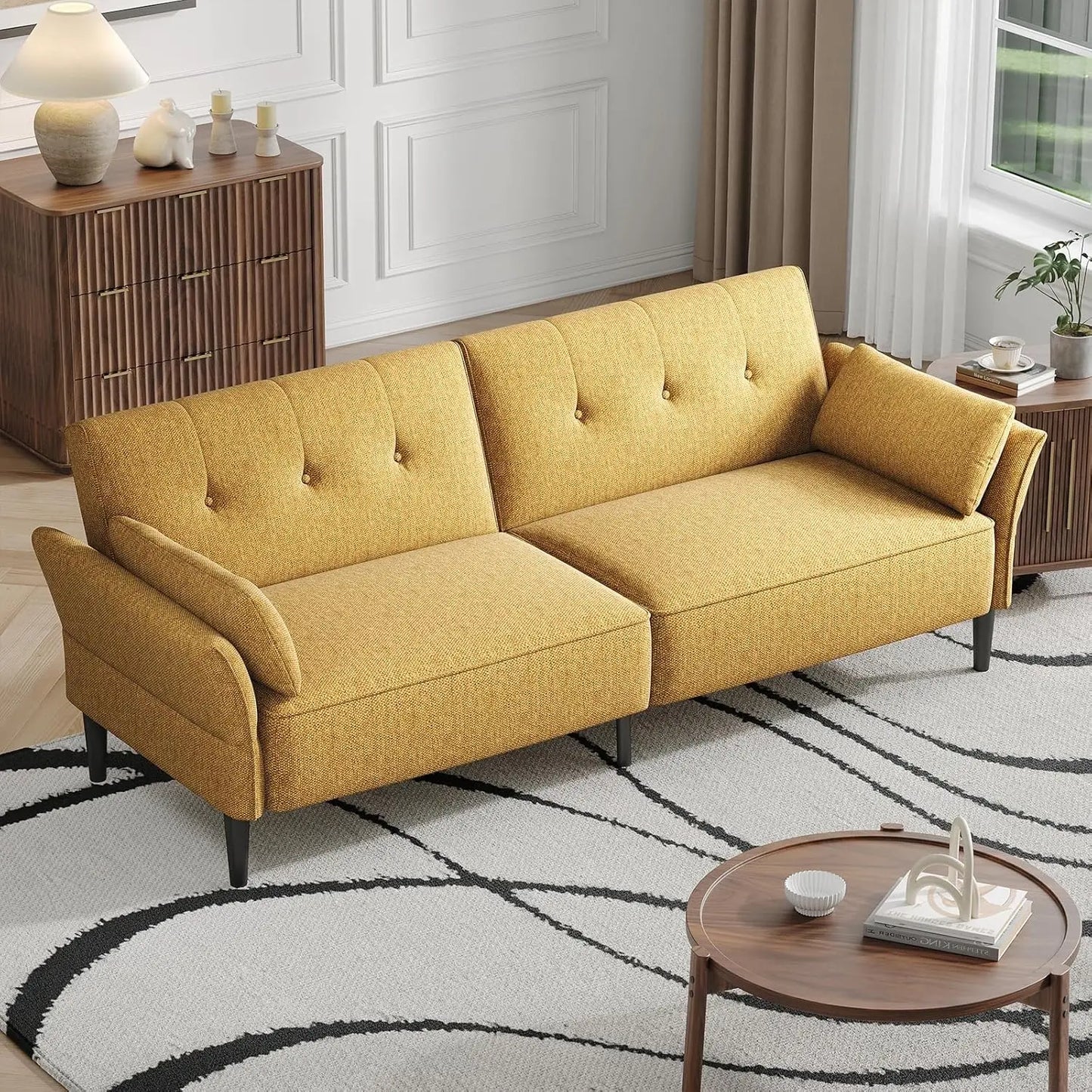 89” Convertible Futon Sofa Bed with 2 Square Pillows and Adjustable Backrest