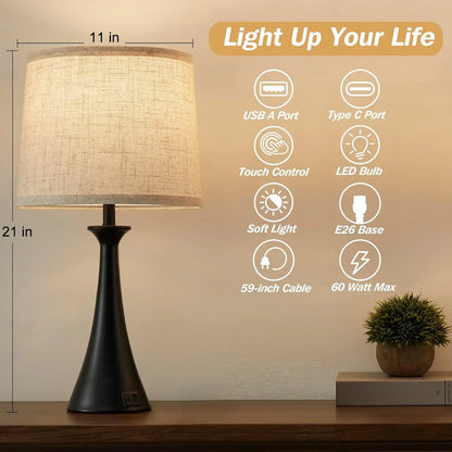 Touch 21" Table Lamps Set of 2 with USB C+A Ports