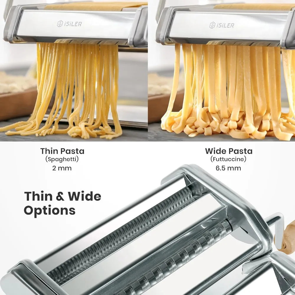 3-in-1 Pasta Machine: 9 Thickness Settings, Dough Rollers & 2 Cutters, Stainless Steel, Durable & Easy Clean