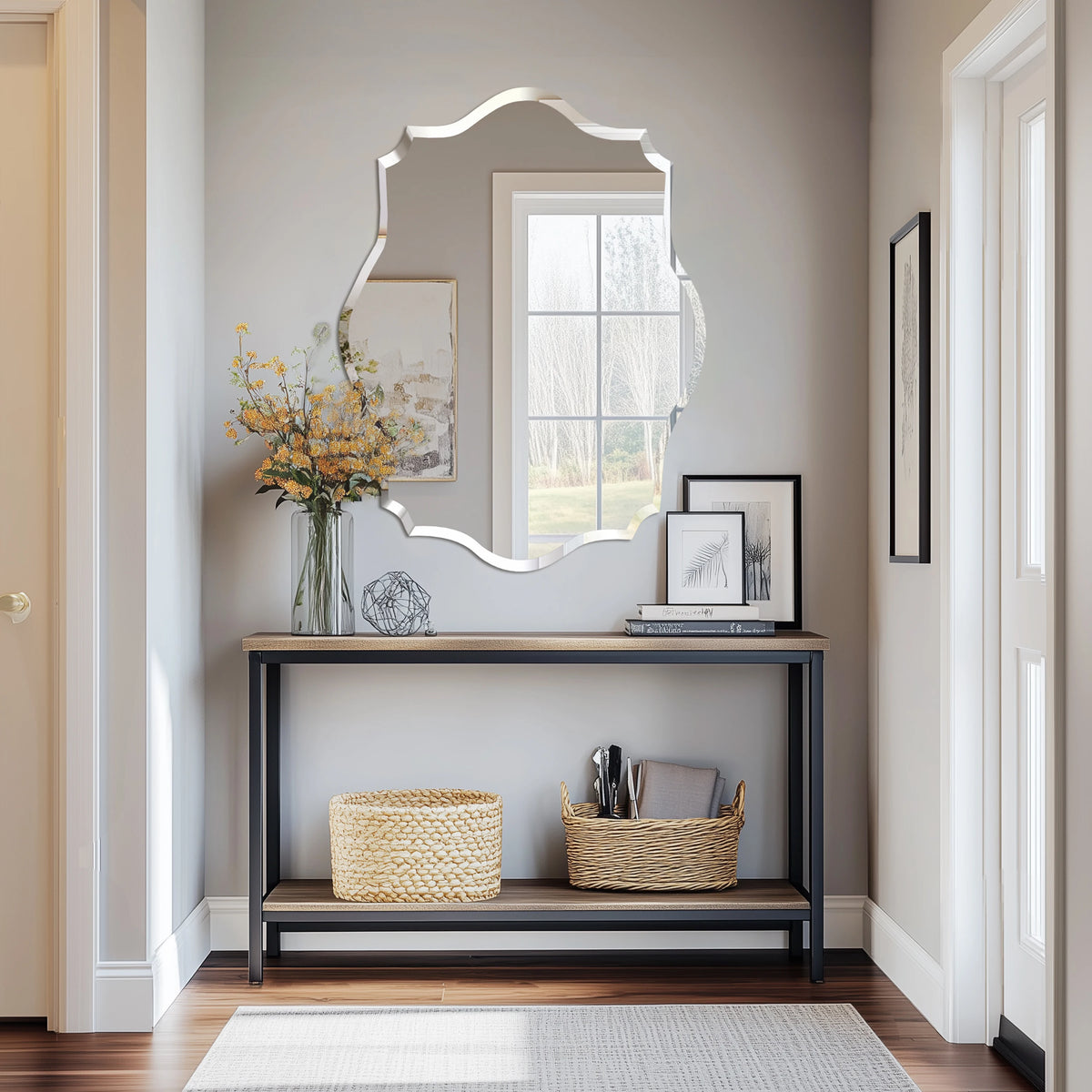 Wall Mirror, Scalloped Frameless Beveled Edge, Polished for Bathroom, Living Room, Vanity, Bedroom, Slive