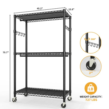 3-Tier Heavy Duty Rolling Metal Garment Rack With Adjustable Shelves & Dual Hanging Rods