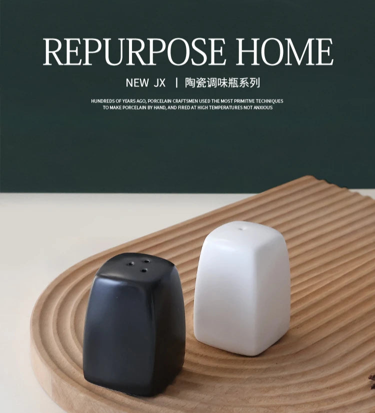 Japanese Simple Black White Ceramics Seasoning Bottle Set, Porcelain Pepper Shaker Salt or Spice