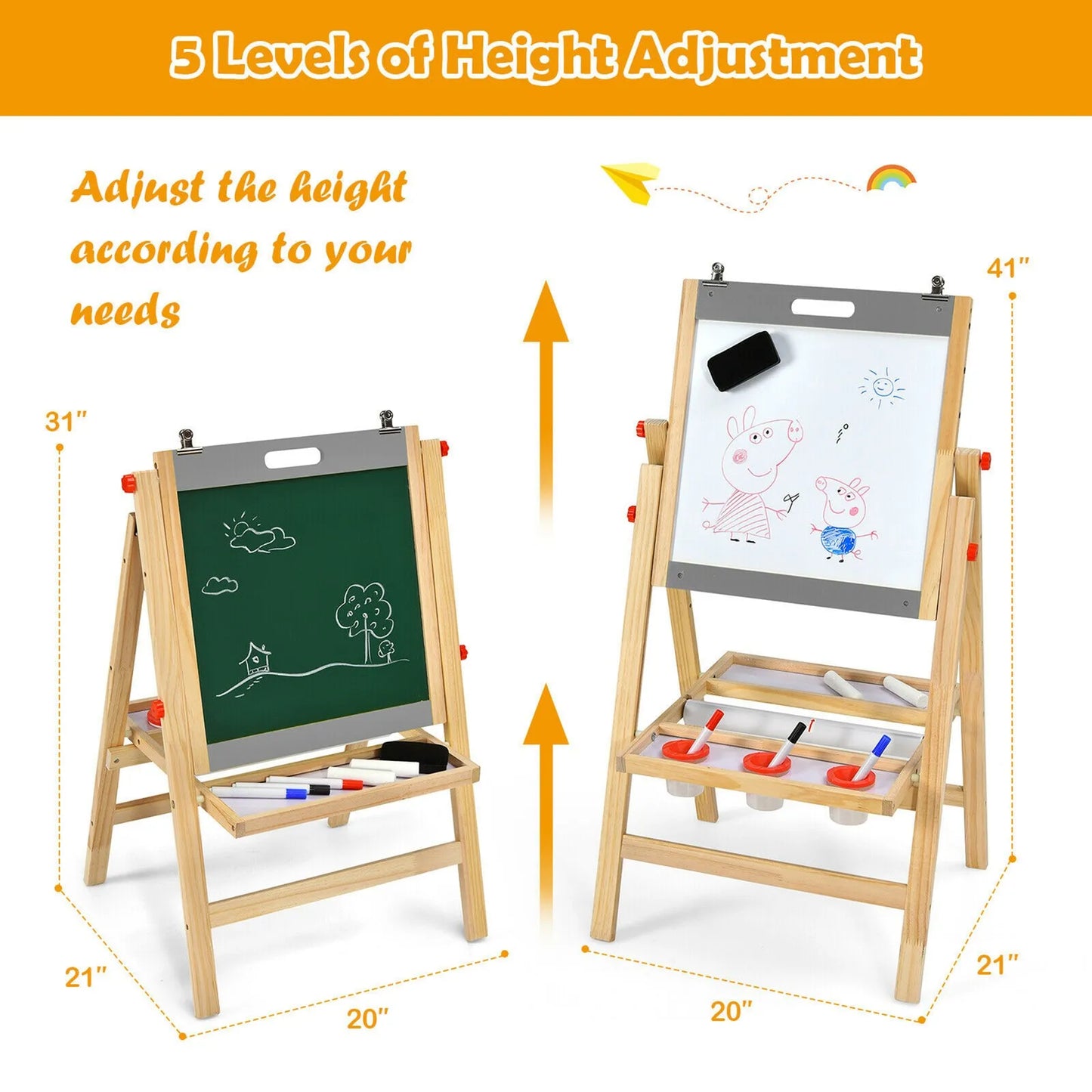 Kids Art Easel w/ Whiteboard & Paper Roll Double Sided Chalkboard