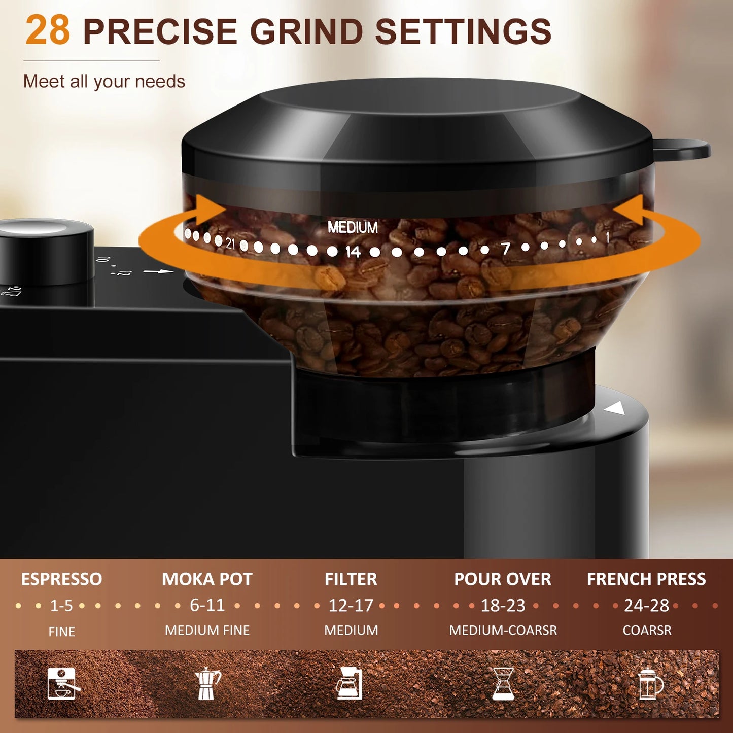 Automatic Burr Coffee Grinder With 28 Adjustable Gears for Espresso French Press Drip Coffee