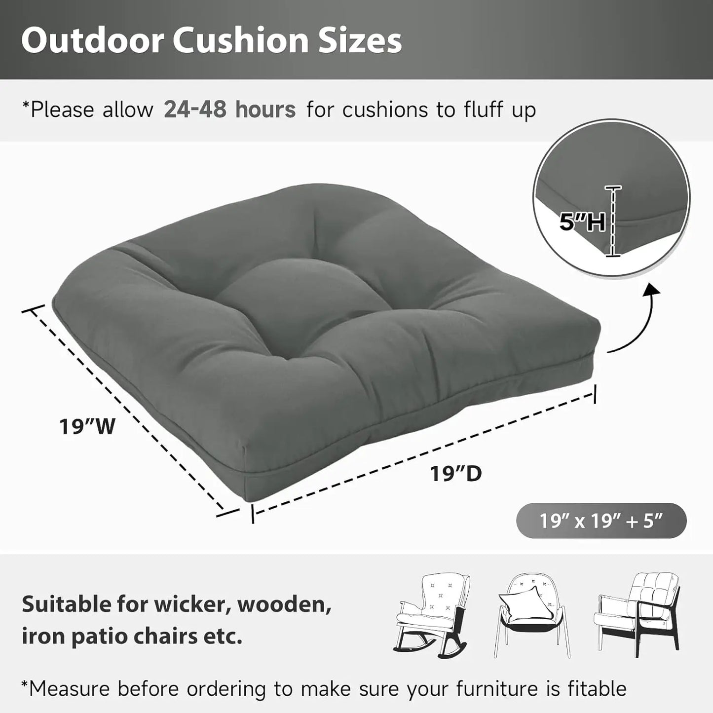 19x19 Outdoor Chair Cushions Set of 2, Tufted, Thick Water Resistant