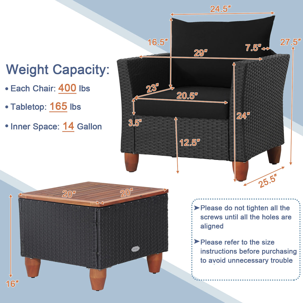 3PCS Patio Rattan Furniture Set, Cushioned Sofa, Storage Table with Wood Top, Black