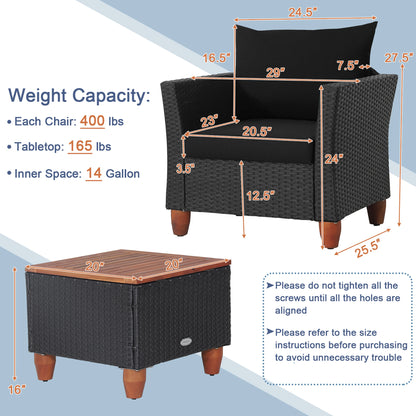 3PCS Patio Rattan Furniture Set, Cushioned Sofa, Storage Table with Wood Top, Black
