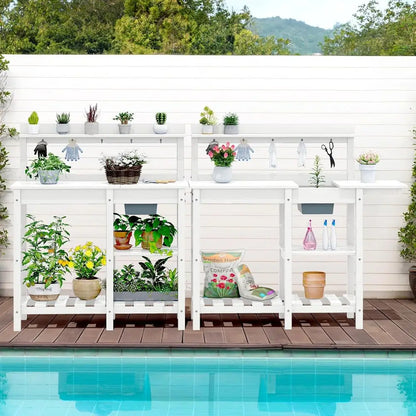 Portable Outdoor Garden Workbench with Detachable Sink, Weather-Resistant HDPE Table- White