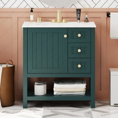 Bathroom Vanity Cabinet Combo, 30 Inch with Ceramic Sink, Soft-Close Doors, Solid Wood Frame, Waterproof for Small Bathroom Storage