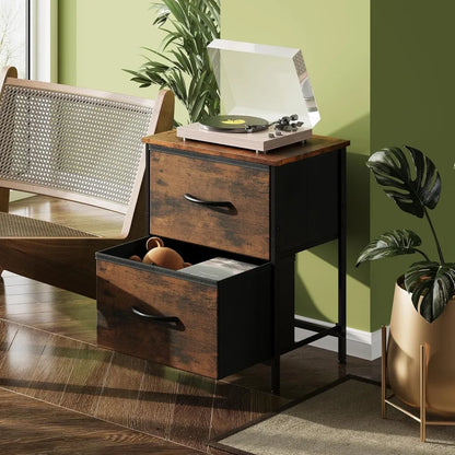 Compact Two Drawer Nightstand with Fabric Bins Wooden Top