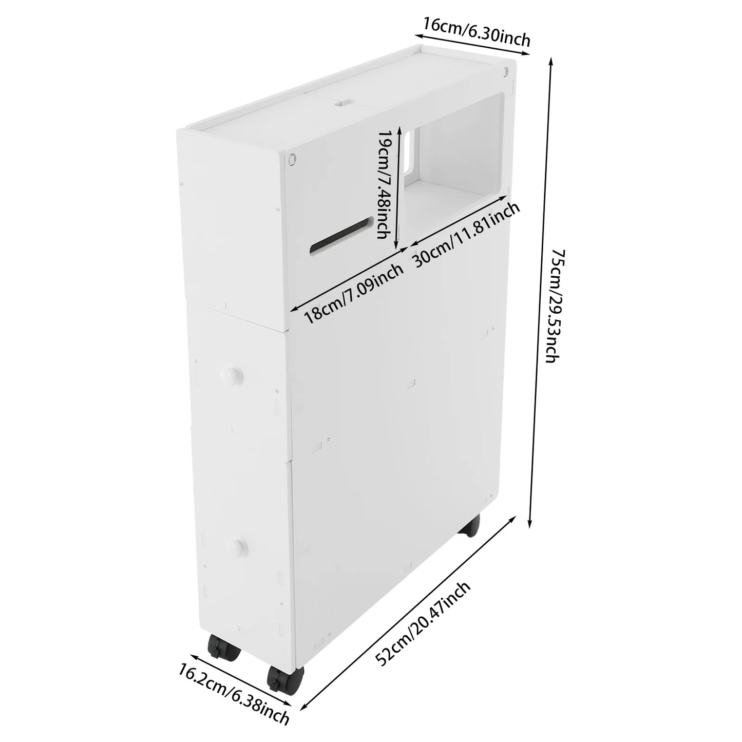 Modern Bathroom Storage Cabinet, PVC Narrow Floor Storage with Drawers, White