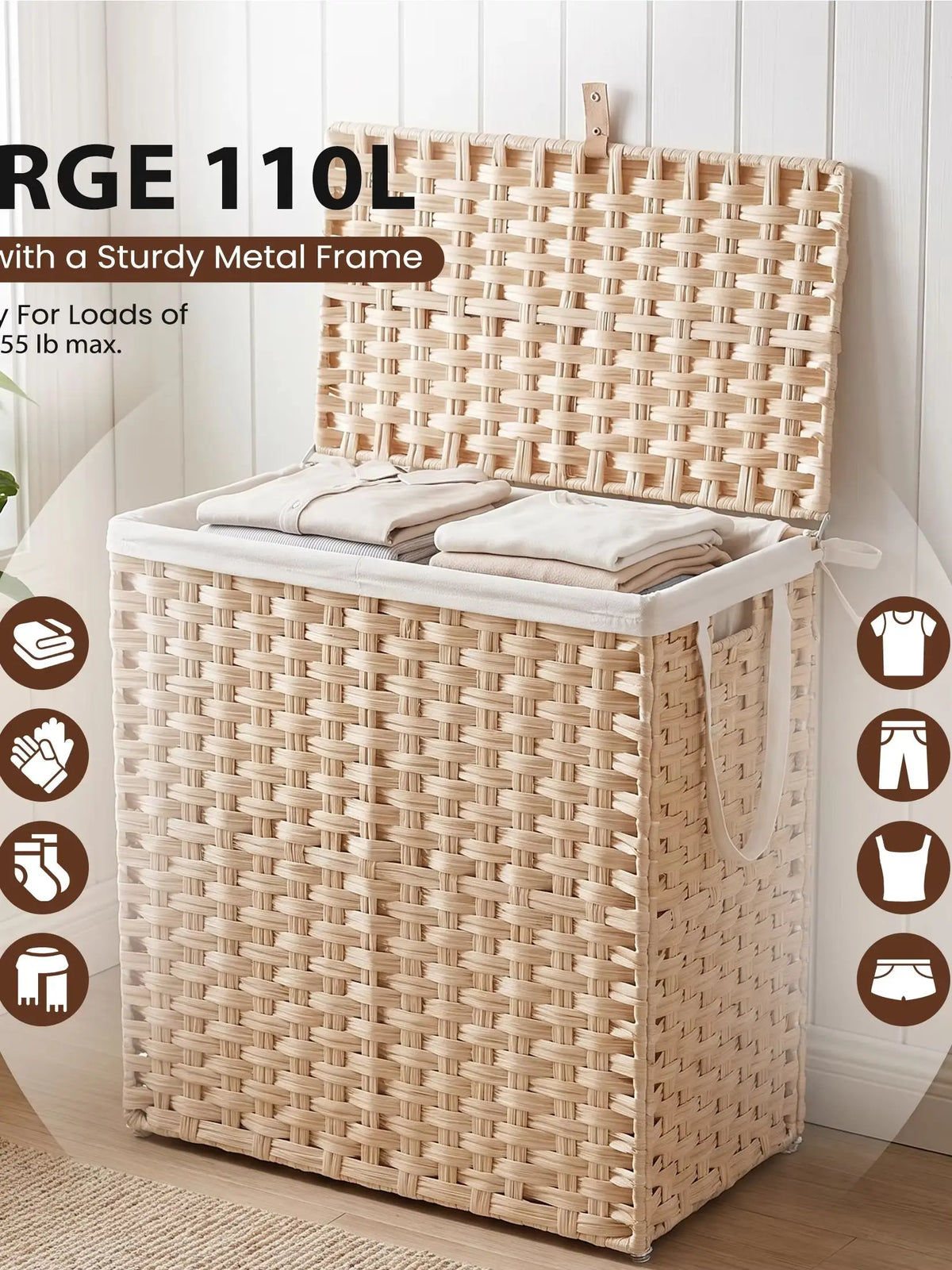 110L Laundry Basket with Lid, Foldable Wicker Laundry Hampers with Side Handles, Removable Liner, Rattan Laundry Basket with Sturdy Steel Frame